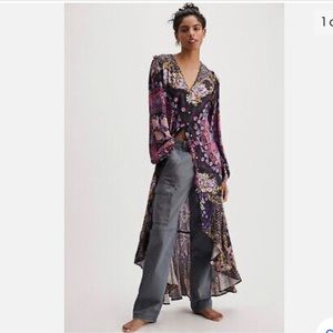 Free People Marais Printed Midi Dress Floral Button Front V-Neck  Size XS